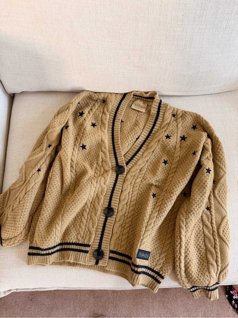 Taylor Swift Fearless Knit Star Embroidered Cardigan - Tan with Black Trim new